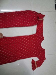 Red Kurta Set with Golden Print
