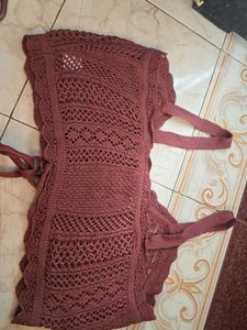 Maroon Cute Crocheted Lace-Up Crop Top