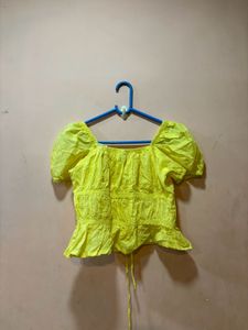 Bright Yellow Puff Sleeve Lace-Up Top