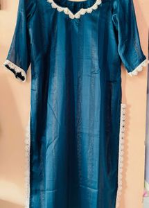 Teal Shimmer Kurti with White Lace Trim