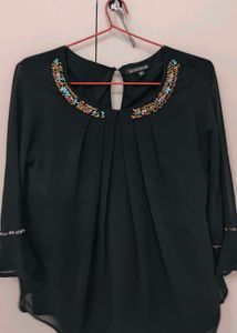 Antheaa Black Pleated Top with Beaded Neck - Size