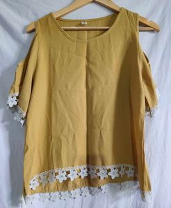 Korean Mustard Cold Shoulder Top with Lace