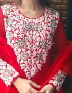 Red Embroidered Kurta Set