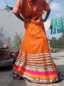 Vibrant Orange Tulle Skirt with Embellished Border