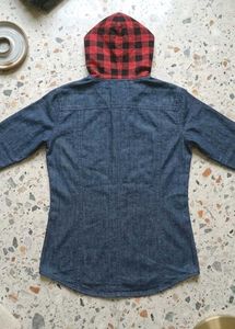 Denim Shirt with Red Plaid Hoodie