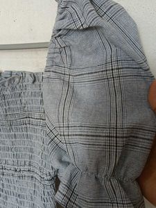 Grey Plaid Smocked Puff Sleeve Top