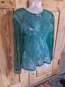 Green Lace Sheer Long Sleeve Top