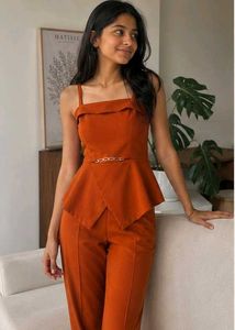 Chic Orange Peplum Top & Pant Set