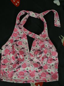 Pink Floral Halter Neck Crop Top
