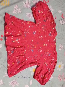 Red Floral Print Puff Sleeve Top