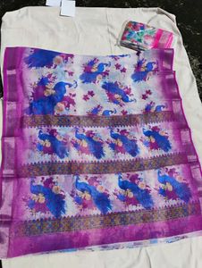 Beautiful Peacock Saree LINEN DIGITAL PRINT