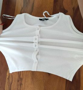 White Ribbed Button-Up Top