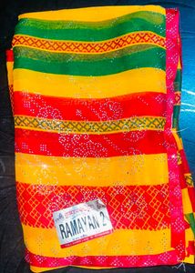 Vibrant Striped Saree with Embellishments