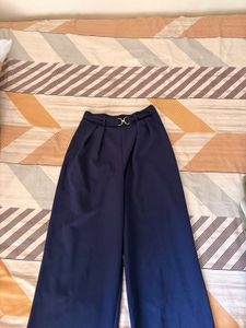 Navy Wide Leg Pants with Gold Buckle
