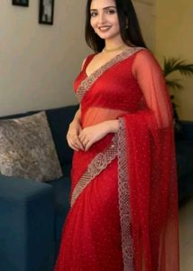 Stunning Red Embellished Net Saree
