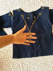 Navy Blue Striped Kurta Set with Necklace