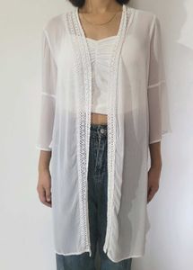 White Sheer Lace Trim Cardigan