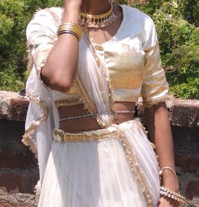 Elegant White &amp; Gold Lehenga Set