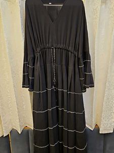 elegant black umbrella abaya with white tiers