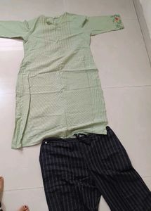 Light Green Kurta Set with Striped Pants