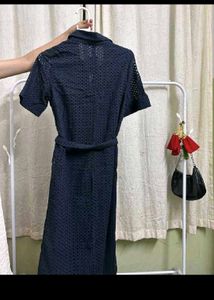 H&amp;M Navy Broderie Midi Dress