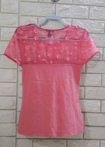 H&amp;M Tshirt Coral and White Top with Lace Detail