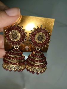 Maroon &amp; Gold Jhumka Earrings