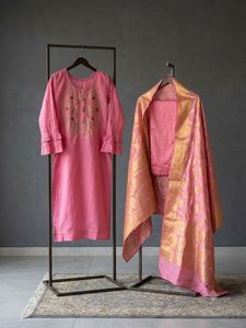 Pink Embroidered Kurta with Dupatta Set
