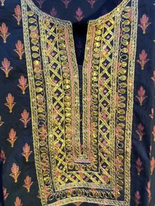 Navy Blue Kurta with Pink Floral Print