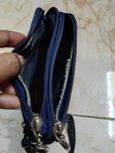 Blue Woven Zipper Pouch with Keychain
