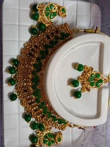 Green & Gold-Tone Necklace and Earring Set
