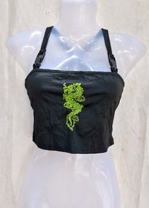 Black Crop Top with Green Dragon Design