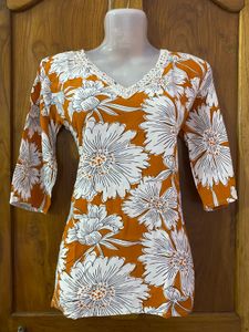 Orange Floral Print V-Neck Top
