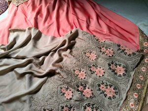 Coral &amp; Gold Embroidered Saree