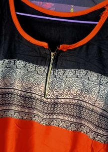 Orange long Kurta with Black Sleeves