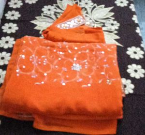 Orange Sari with Floral Embroidery