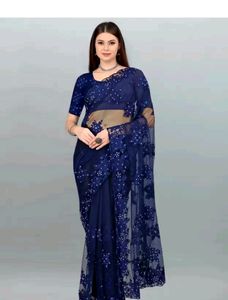 Blue New Net Saree with Blouse पीस Attached