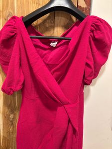 Vibrant Pink Puff Sleeve Wrap Dress