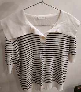 Korean style Striped Knit Top with Sailor Collar