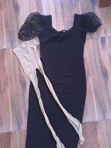 Chic Black Puff Sleeve Dress with Stockings