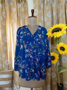 Blue Floral Print V-Neck Top