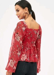 Chic Red Floral Print Peplum Top