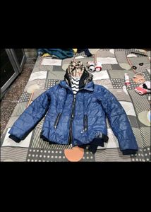 Blue Puffer Jacket with Plaid Lining sweater free