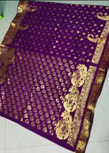 Purple Silk Saree with Gold Print