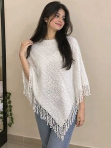 Cozy White Fringed Poncho