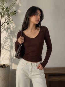 Classic Brown Ribbed Long Sleeve Top