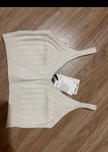 Cream Ribbed Knit V-Neck Crop Top