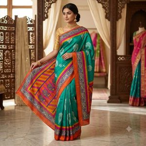 ✨ Teal Block Print Synthetic Saree ✨