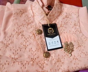 Boys Peach Kurta Set with Nehru Jacket