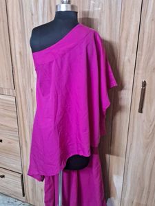 Magenta one shoulder with Gold Trim